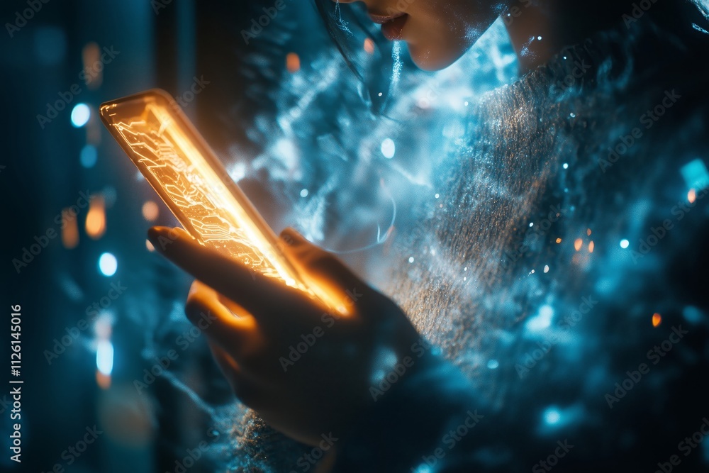 Poster exploring metaverse and blockchain innovations person immersed in virtual world through smartphone