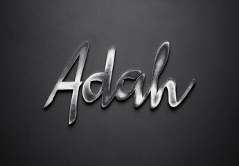 Chrome metal 3D name design of Adah on grey background.
