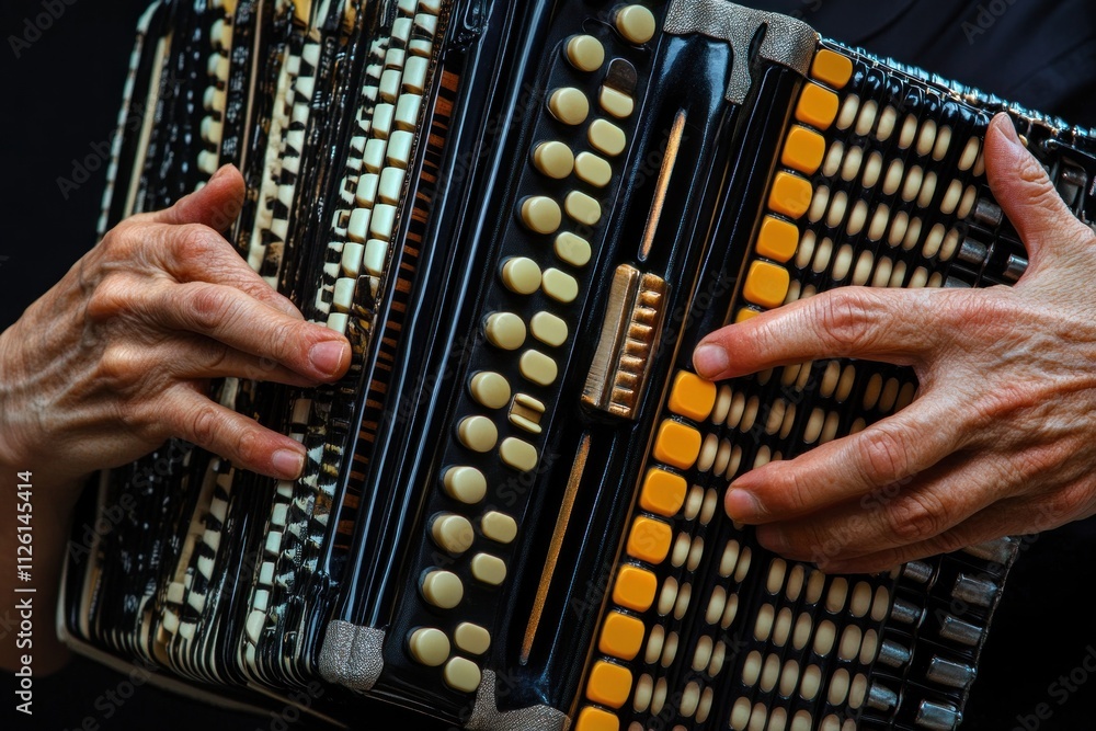 Poster Close-up of hands playing an accordion, showcasing the instrument's intricate design and keys.