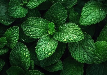 Close-up photograph of fresh green mint leaves with water droplets