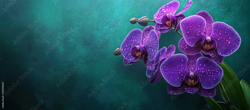 Poster a vibrant display of purple orchids adorned with droplets against a teal background.