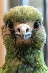Close-up portrait of a fluffy green bird with large, dark eyes.