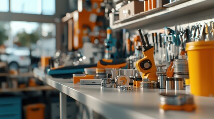 Fototapeta premium Parts seals automotive A well-organized workshop with various tools and equipment on a workbench.