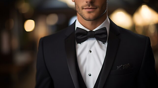 Sophisticated Groom-To-Be Adjusting Tie in Elegant Tuxedo at Formal Wear Shop - Wedding Preparation Scene with Focused Expression