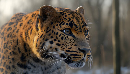 Obraz premium Close-up portrait of a majestic Amur leopard in a winter setting, showcasing its striking coat and intense gaze.