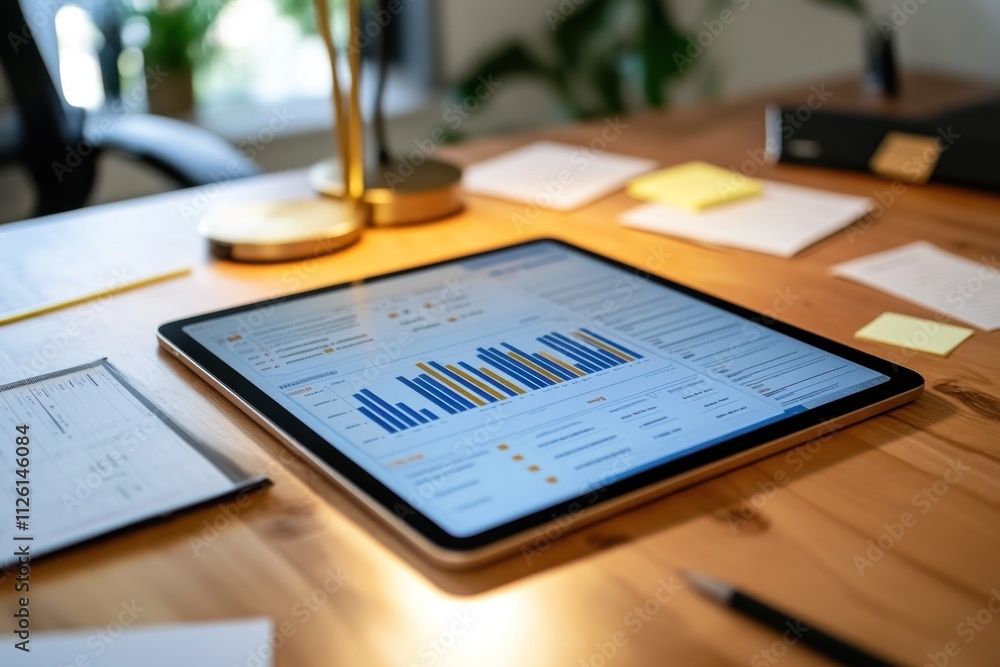 Aufkleber A tablet displaying colorful data charts on a wooden desk with stationery and a lamp.