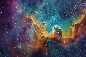 A dazzling nebula unfolds in a vast expanse of space, featuring an array of vibrant colors and brilliant stars, highlighting the splendor of the cosmos.