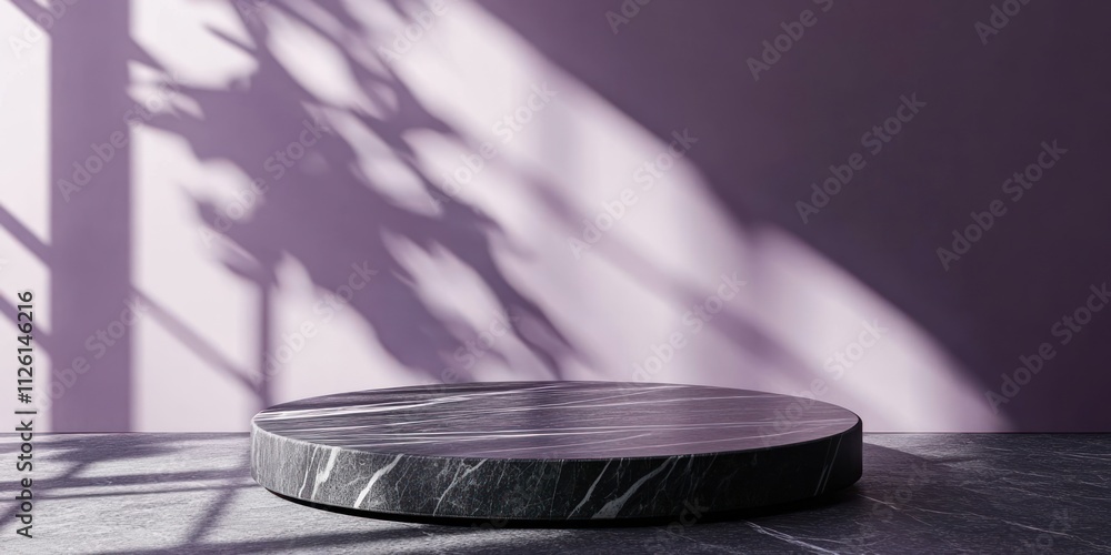 Poster A minimalistic display platform with shadows on a purple wall.