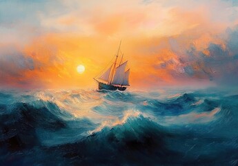 Obraz premium Sailing ship on the sea, sunset, oil painting, oil color palette