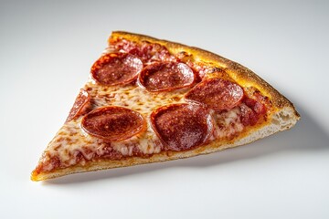 A slice of pepperoni pizza on a white background, showcasing its toppings and crust.