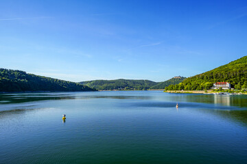 View of the Edersee and the surrounding nature at the lake. Eder Dam in Edertal.
