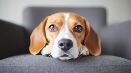 A beagle resting its head on a gray chair, looking curiously at the viewer.