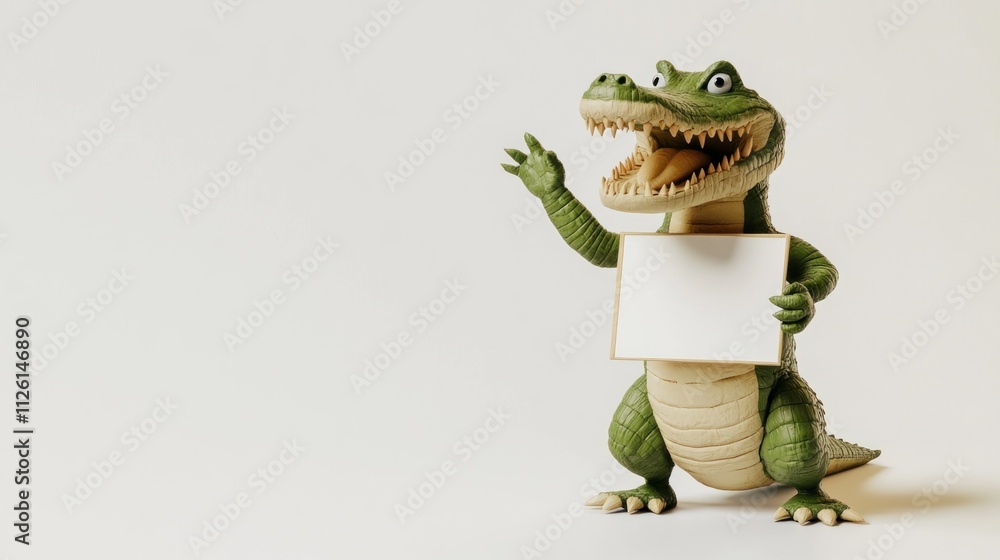 Poster a toy dinosaur holding a blank sign, ready for customization or messaging.