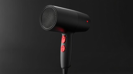 Black Hair Dryer with Red Buttons on Dark Background