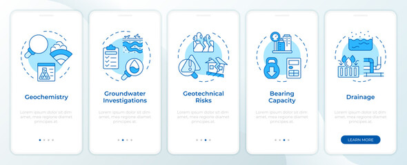 Geotech survey blue onboarding mobile app screen. Geology walkthrough 5 steps editable graphic instructions with linear concepts. UI, UX, GUI template. Montserrat SemiBold, Regular fonts used