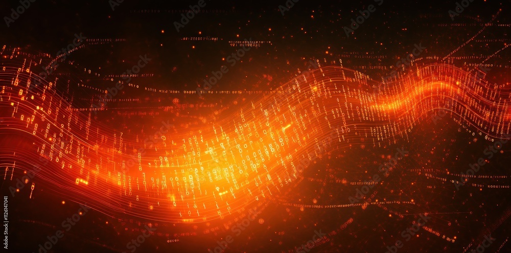 Poster abstract digital wave of glowing orange particles, representing data flow and energy.