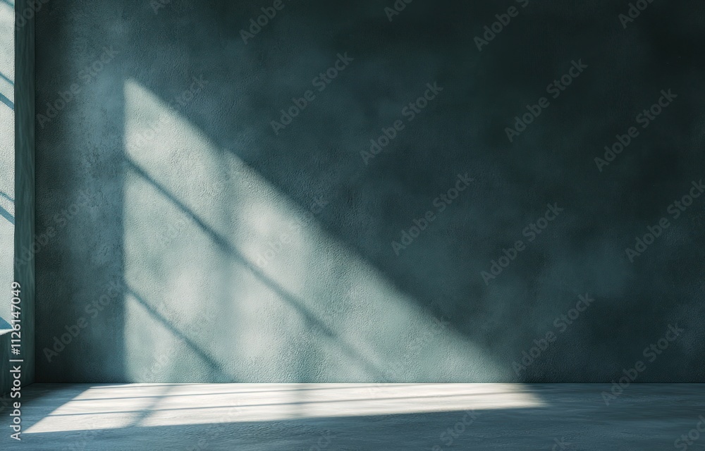 Poster a minimalist room with textured walls and light casting shadows.