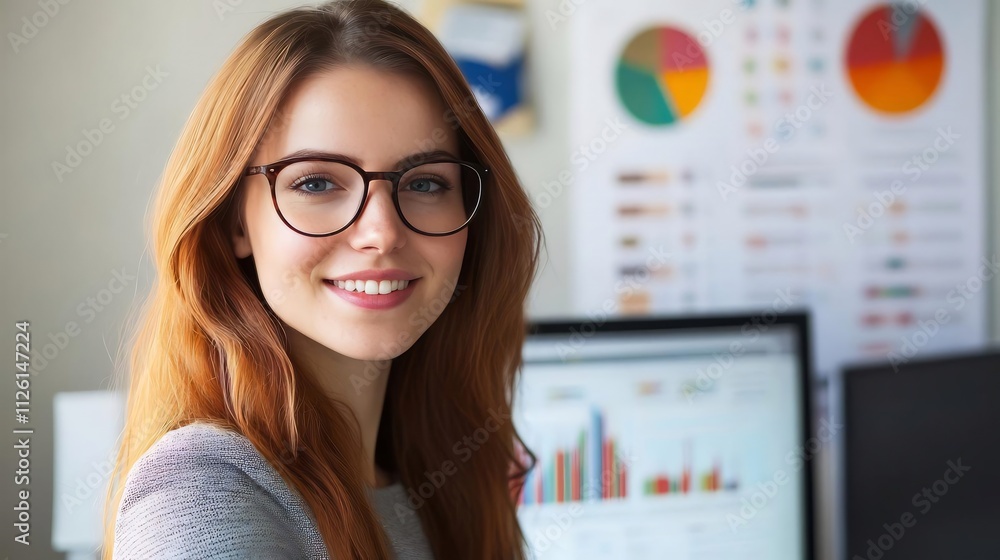 Poster confident data analyst reviewing financial information on computer display