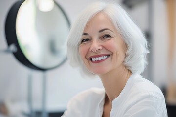 Elderly woman with a joyful expression admiring her teeth in a dental office mirror