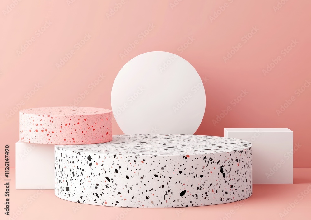Poster abstract arrangement of geometric shapes in pastel colors on a minimalist background.