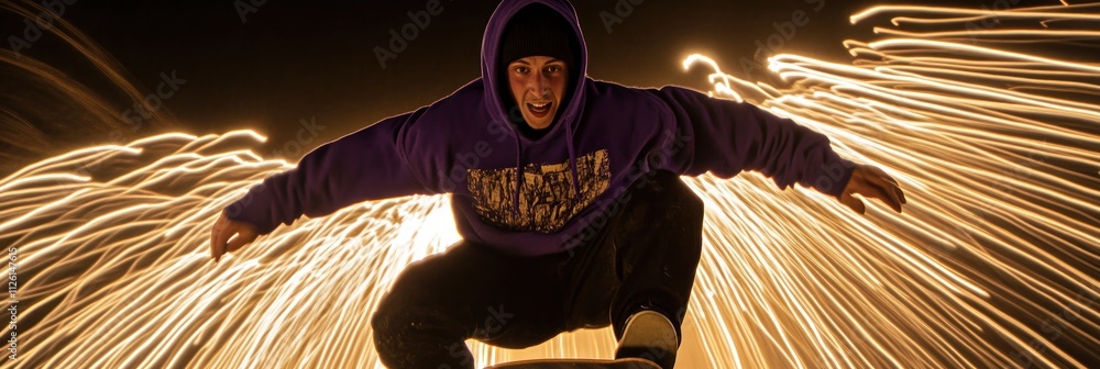 Aufkleber A person snowboarding with dynamic light trails creating an energetic atmosphere.
