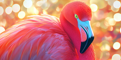 Flamingo Close-Up with Radiant Feathers and Bokeh Lights