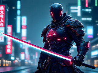 Naklejka premium Futuristic warrior stands in neon-lit urban landscape wielding glowing sword at night