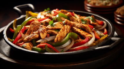 Fototapeta premium Chicken fajitas stock photo, sizzling strips of chicken.