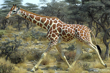 Giraffe walking in African savanna.