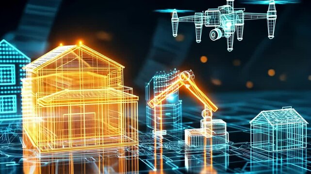 Futuristic digital construction blueprint with drones and excavator
