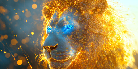 Glowing Lion Portrait with Fiery and Blue Accents
