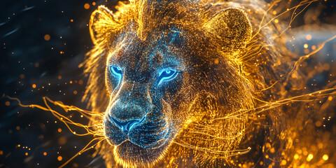 Glowing Lion Portrait with Fiery and Blue Accents