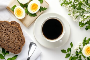 bread, boiled eggs, and black coffee.