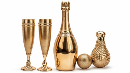 Golden champagne bottle and glasses ready for New Year's toast, isolated on white background, festive elegance