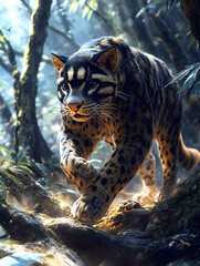 Fototapeta premium Majestic clouded leopard walking through lush rainforest, sunlight filtering through leaves.