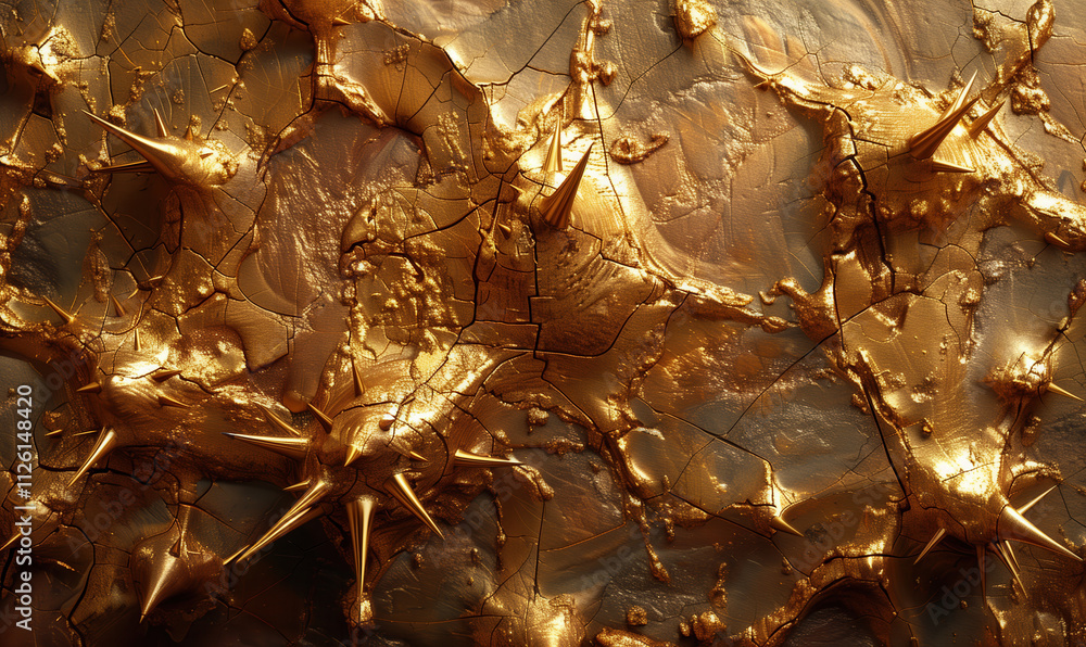 Poster a detailed golden textured surface featuring intricate spikes and abstract patterns, illuminated in 