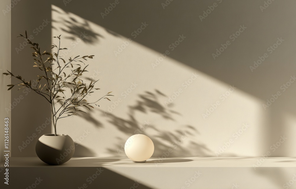 Poster a minimalist scene with a vase, a soft light orb, and shadows of a branch on a wall.