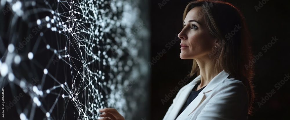 Poster A woman interacts with a digital network display, symbolizing technology and innovation.