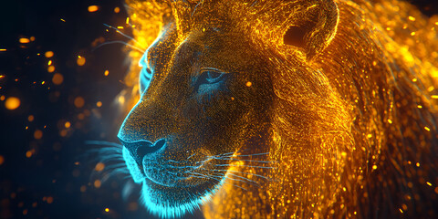 Glowing Lion Portrait with Fiery and Blue Accents