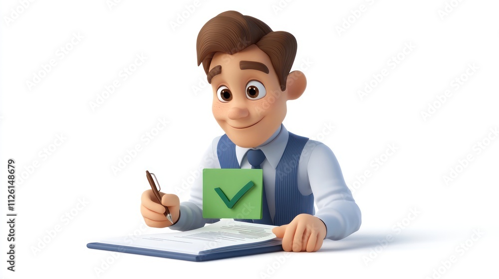 Poster a cartoon character in a suit checks off a task while writing in a notebook.