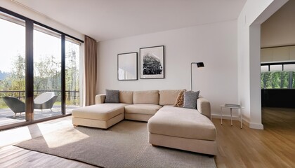 Minimalist living room with a beige sofa, herringbone floor, large windows, and a black-and-white architectural photo on the wall