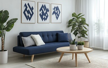 Modern living room interior with blue sofa, plants, and abstract art.