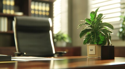 Cozy Office Workspace with Houseplant and Computer