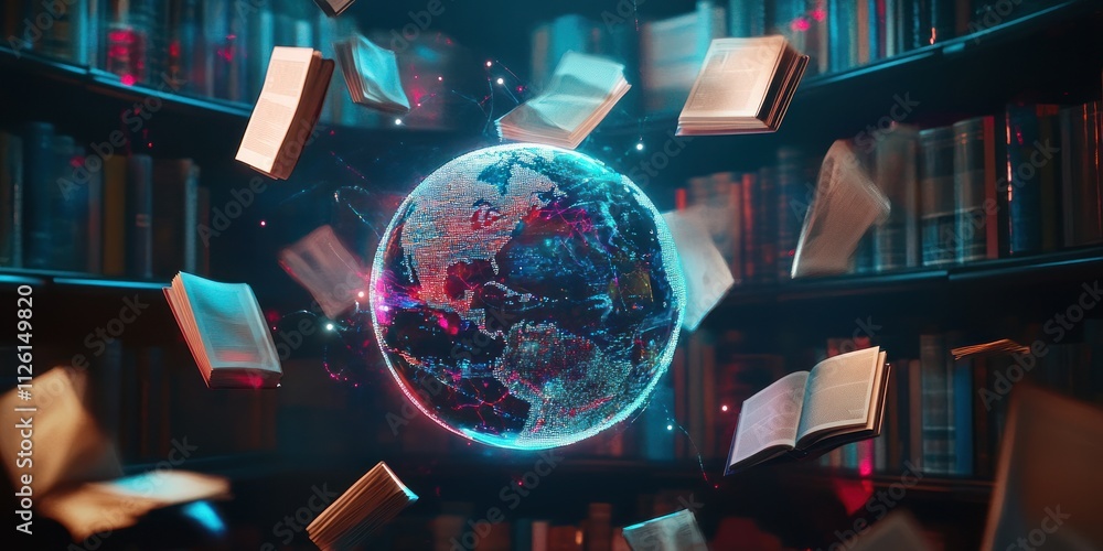 Poster a glowing globe surrounded by floating books in a library, symbolizing knowledge and exploration.
