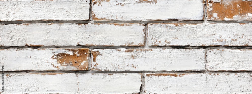 Poster a close-up view of a weathered white brick wall with some exposed areas.