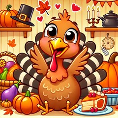 Obraz premium Thanksgiving turkey in funny cartoon style. Happy bird (3)_Nero AI_Photo