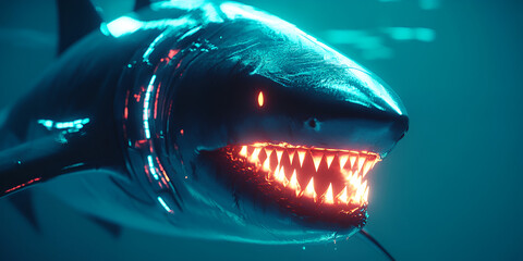 "Futuristic Neon Shark Swimming in Abstract Glowing Water"

