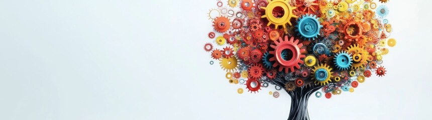 A creative representation of a tree made of colorful gears symbolizing innovation and growth.