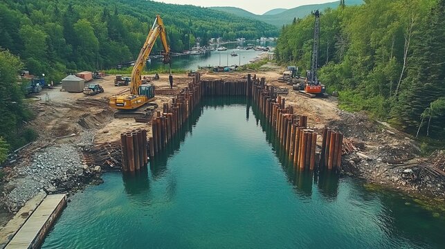 Bridge foundation construction using deep piling and cofferdams