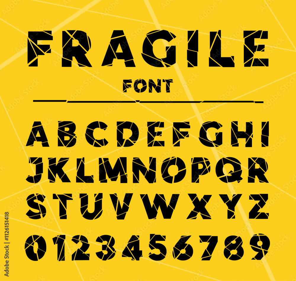 Poster broken font. decorative sans serif type alphabet. stencil grunge letters and numbers. divided glass 